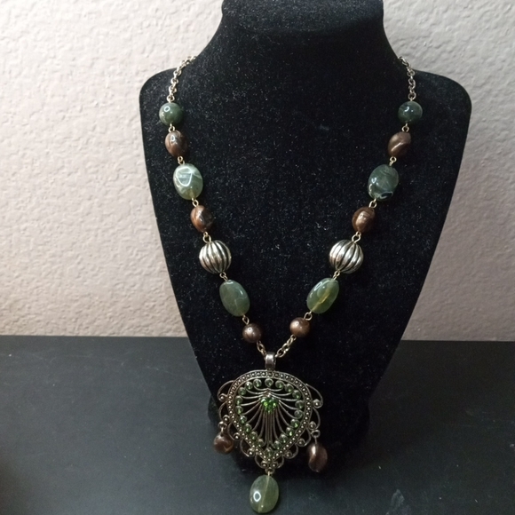 GORGEOUS Art Karat Agate & Beads 9" Drop with Filigree Pendant Boho Necklace - Picture 6 of 6